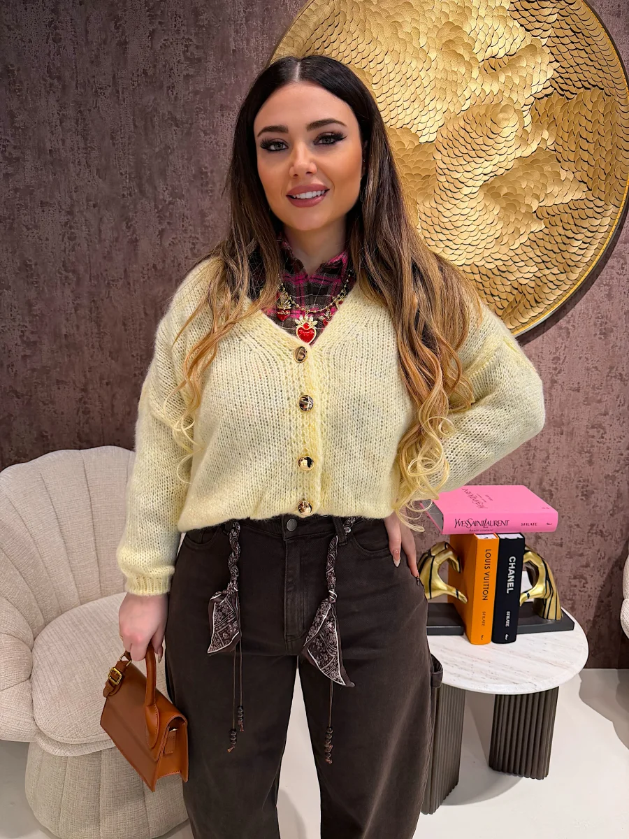 Cardigan giallo con bottoncini oro - immagine 6