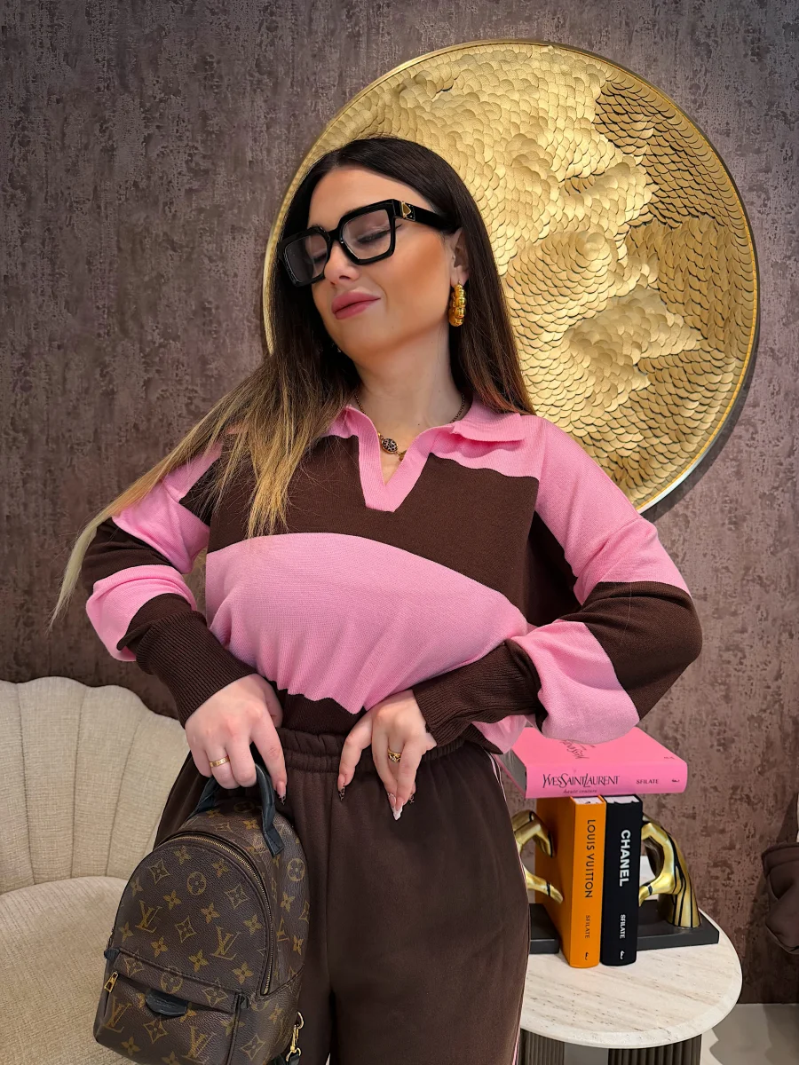 Maglione a righe rosa marrone - immagine 2