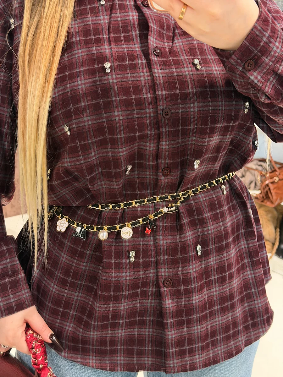 Camicia a quadri bordeaux con strass - immagine 7